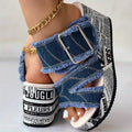 Women's Letter Print & Denim Canvas Sandals, Slip-on Buckle Wedge Heel Shoes, Fashion & Summer Women's Shoes Lady T Fashions