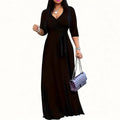 Women's V-Neck Elegant Half-Sleeve Belted Waist Print Maxi Dress For Spring&Summer Dress Lady T Fashions