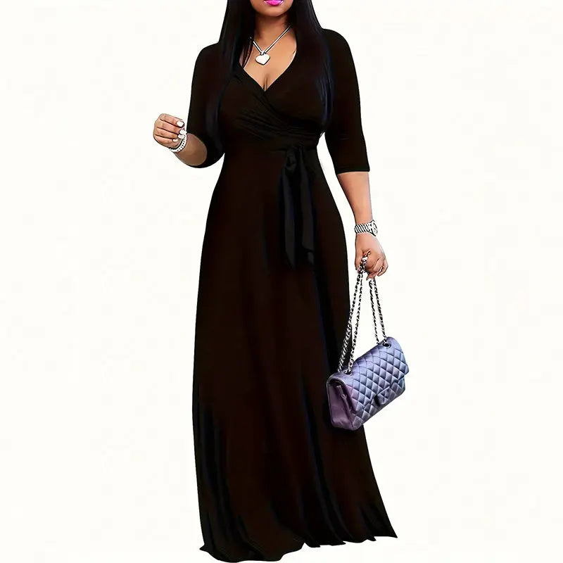 Women's V-Neck Elegant Half-Sleeve Belted Waist Print Maxi Dress For Spring&Summer Dress Lady T Fashions