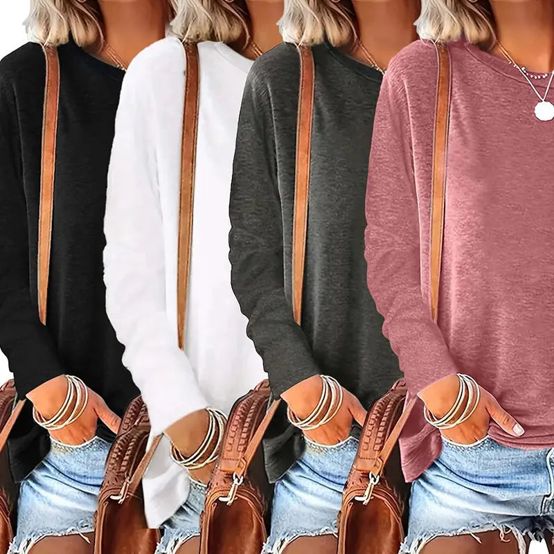 4 Pack Women's Solid Color Casual Set Round Neck Long Sleeve Tops For Spring&Fall Lady T Fashions
