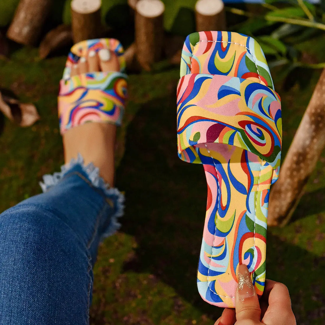 Graffiti Flat Slippers Outdoor Candy Color Square Toe Beach Sandals Lady T Fashions