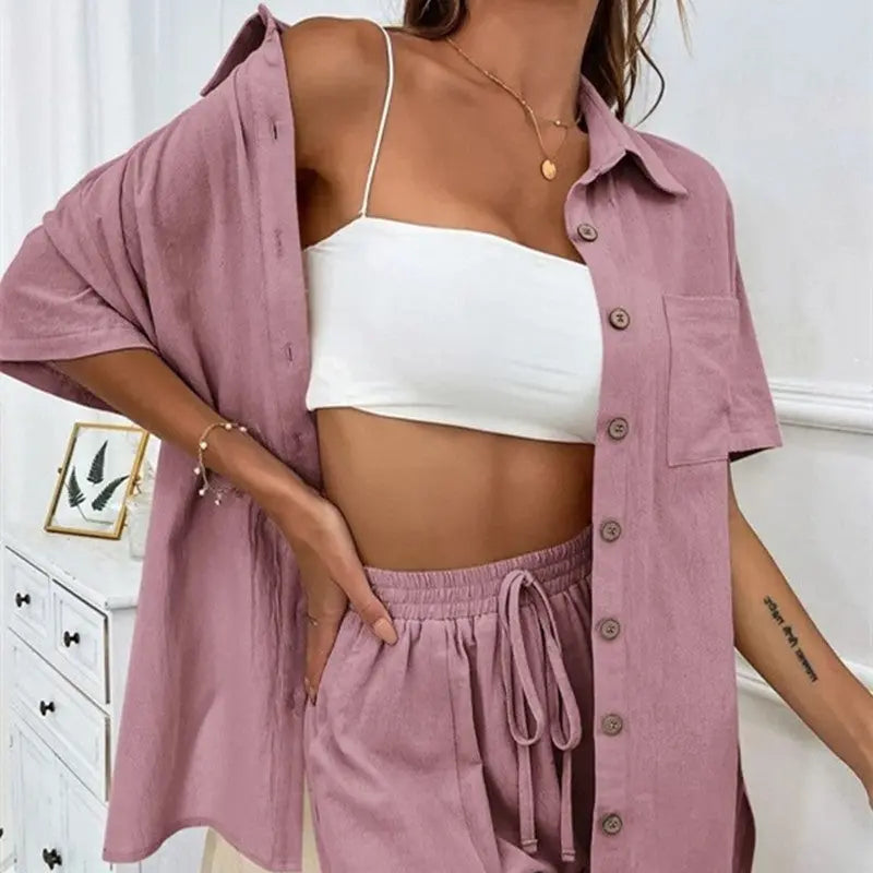 Women's Fashion Shorts Two Pieces Solid Color Shirt Suit Lady T Fashions