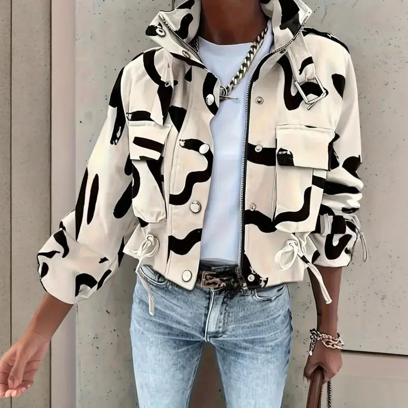 Women's Stand Collar Long Sleeve Jacket With Button & Zipper Closure - Two Large Pockets & Drawstring Hem Casual Short Jacket For Spring&Fall Lady T Fashions