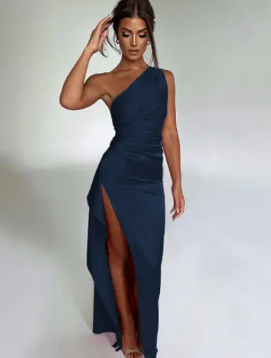 Sexy One-shoulder Backless Slit Dress Summer Elegant Slim-fit Solid Color Satin Dresses For Women Lady T Fashions