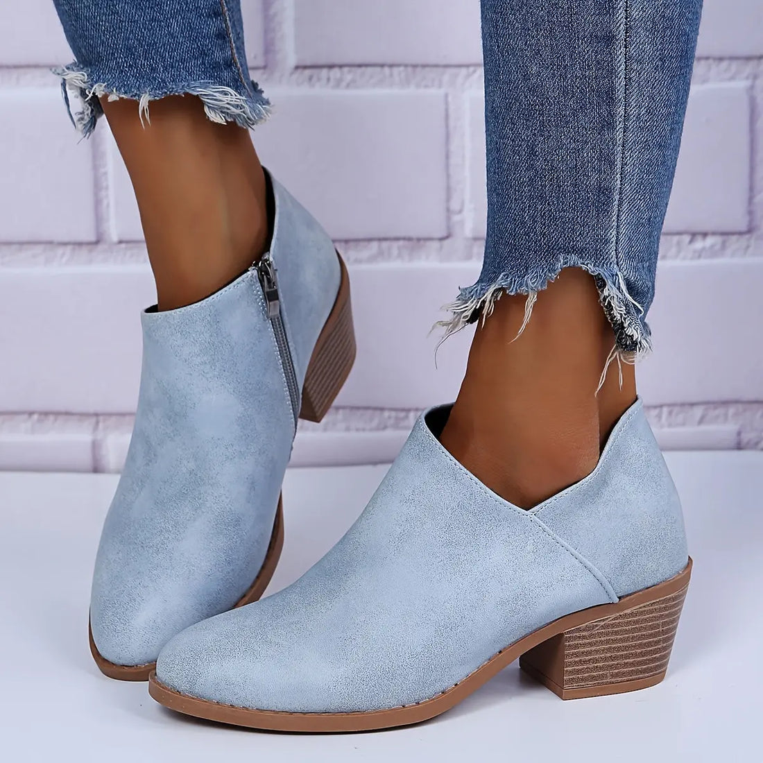 Ankle Stacked Heel Women's Short Boots with V Cut Side Zipper and Non Slip Sole Lady T Fashions
