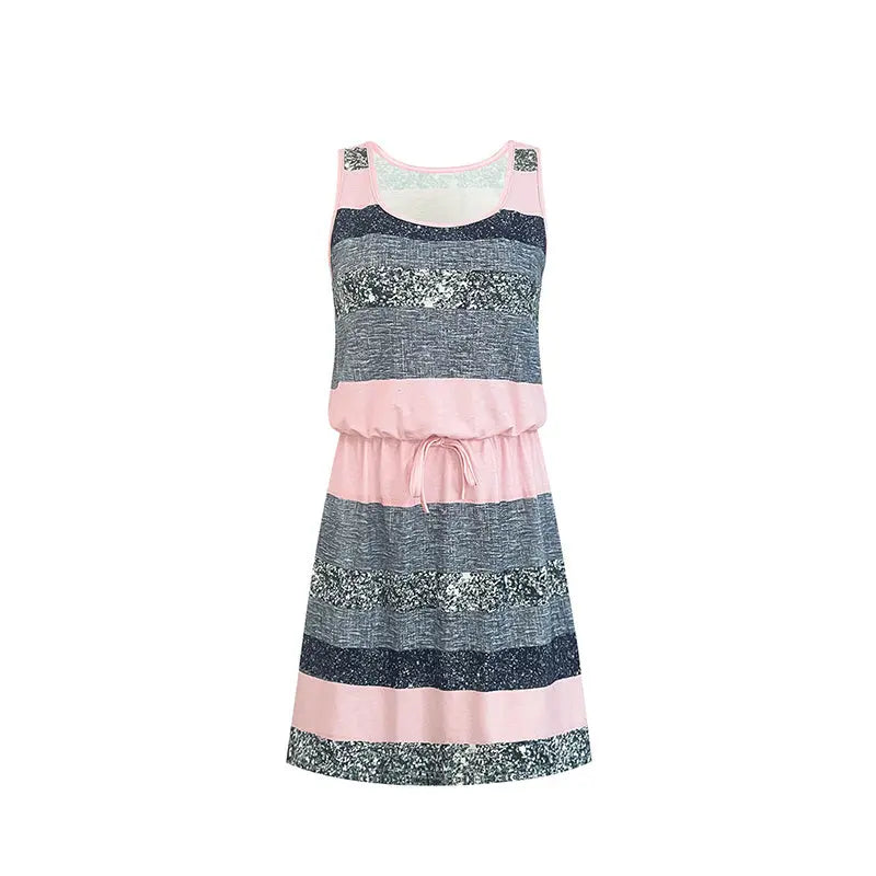 Women's Sleeveless With Adjustable Waist Tie Vest Dress - Casual Summer Mini Dress With Color Block Striped Design Lady T Fashions