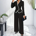 Women's Two-Piece V-Neck Long Sleeve Blouse With Contrast Trim & Straight Leg Wide Pants Set - Office Wear Suit For Spring&Fall Lady T Fashions