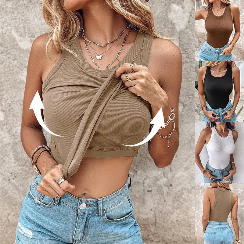 Round Neck Vest With Bra Summer Solid Color Bottom Sleeveless Top Womens Clothing Lady T Fashions