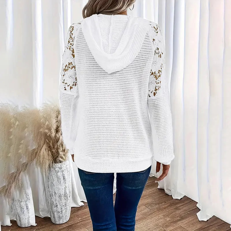 Women's Solid Color Casual Hooded Sweatshirt With Lace-Trimmed Sheer Sleeves & Large Lace Pockets, Pullover Hoodie Lady T Fashions