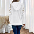 Women's Solid Color Casual Hooded Sweatshirt With Lace-Trimmed Sheer Sleeves & Large Lace Pockets, Pullover Hoodie Lady T Fashions