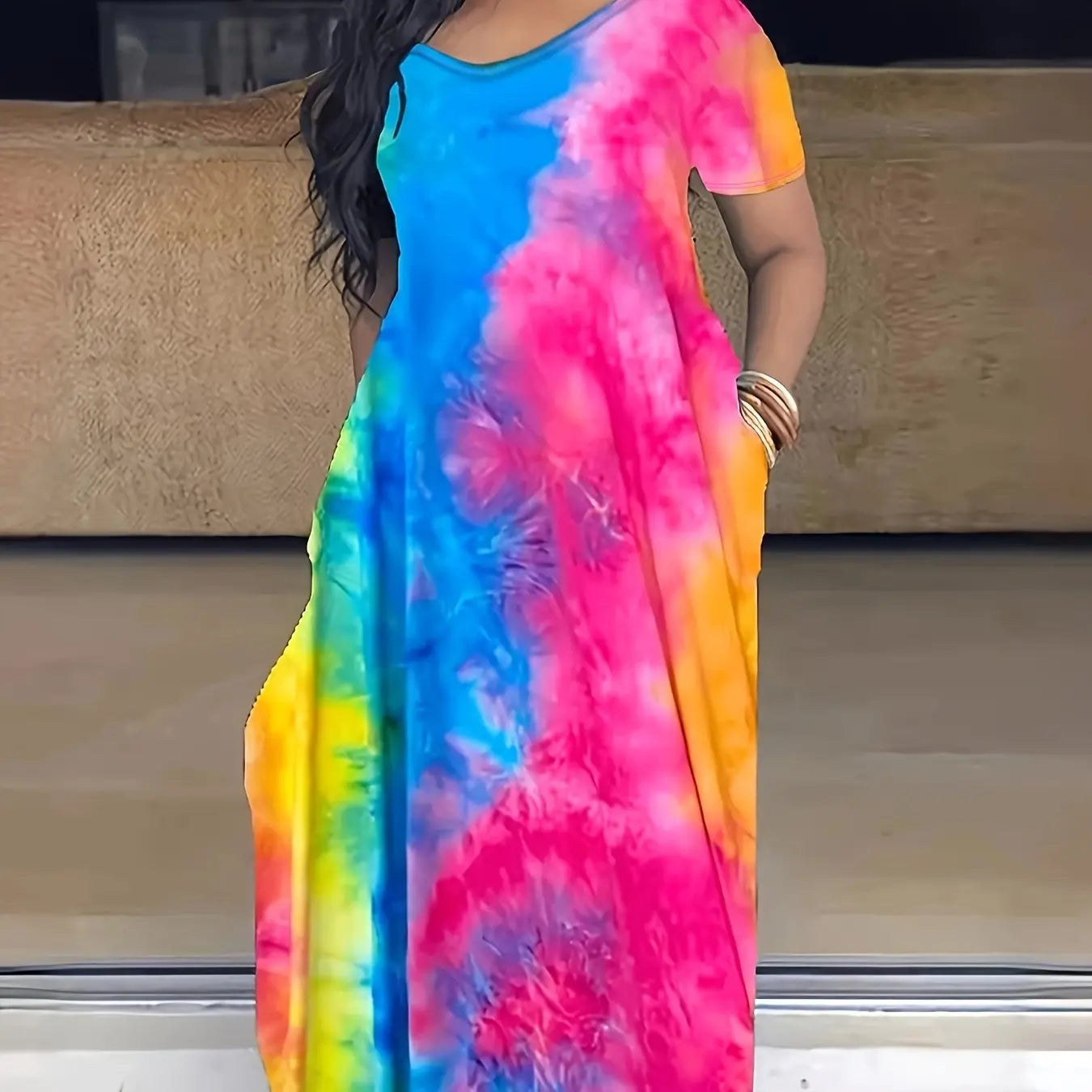 [Tie Dye Maxi Dress] Elegant Plus Size Maxi Dress | Women's Tie Dye Print Short Sleeve with Pocket, Medium Stretch Long Dress Lady T Fashions