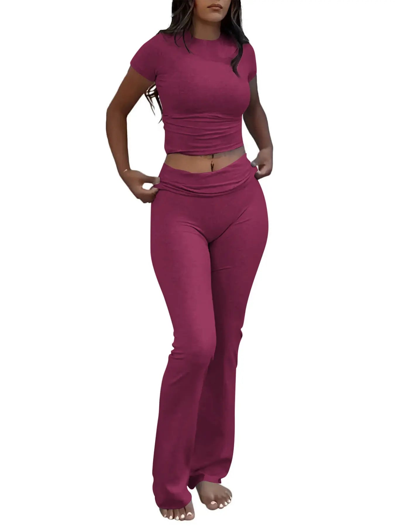 Casual Solid Color Slim Fit Two-piece Pants Set, Short Sleeved Round Neck T-shirt And Tight Flared Pants Sports Pants Clothing, Women's Clothing Lady T Fashions