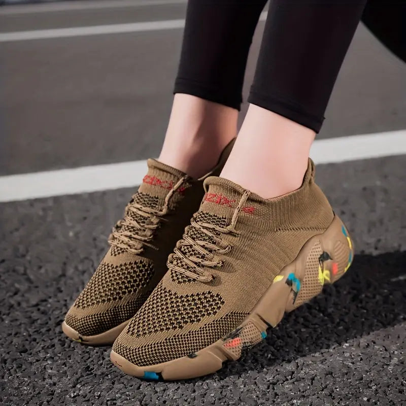 Women's Breathable Flying Woven Sneakers, Casual Lace Up Outdoor Shoes, Lightweight Low Top Trainers Lady T Fashions