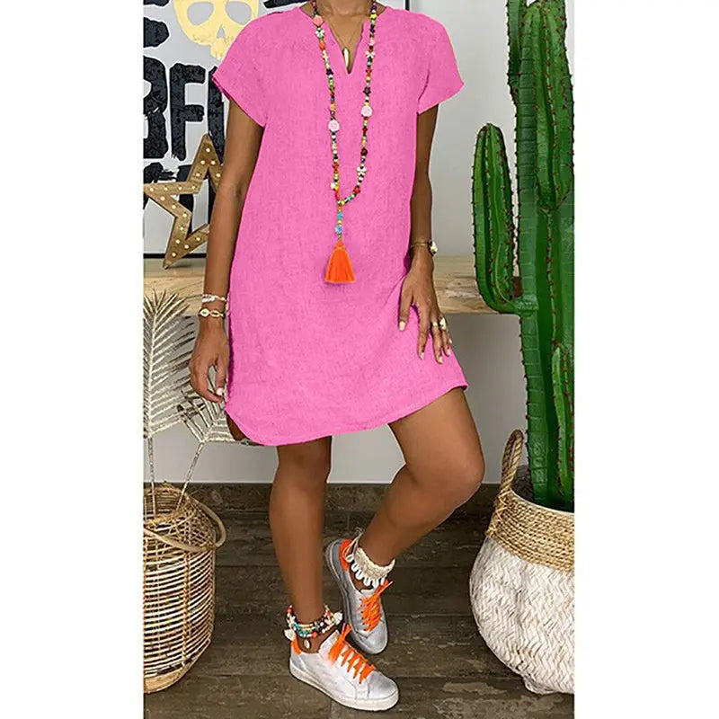 Womens Summer Casual Solid Color V Neck Short Sleeve Dresses Boho Beach Sundresses Lady T Fashions