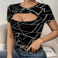 Ladies' Geometric Print Design Casual Style Hollowed Out Front Collar Round Neck Shoulder T-shirt Top Lady T Fashions