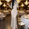 Women's Elegant V-Neck Off-Shoulder Bodycon Dress With High Waist & Thigh Slit - Sparkly Sequin Evening Gown Lady T Fashions