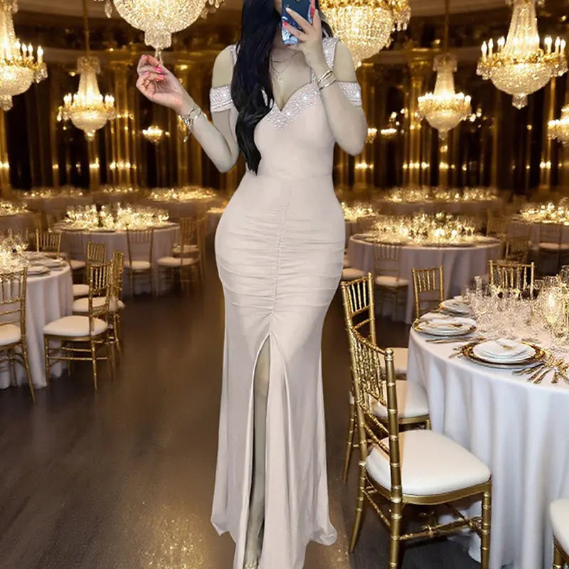 Women's Elegant V-Neck Off-Shoulder Bodycon Dress With High Waist & Thigh Slit - Sparkly Sequin Evening Gown Lady T Fashions