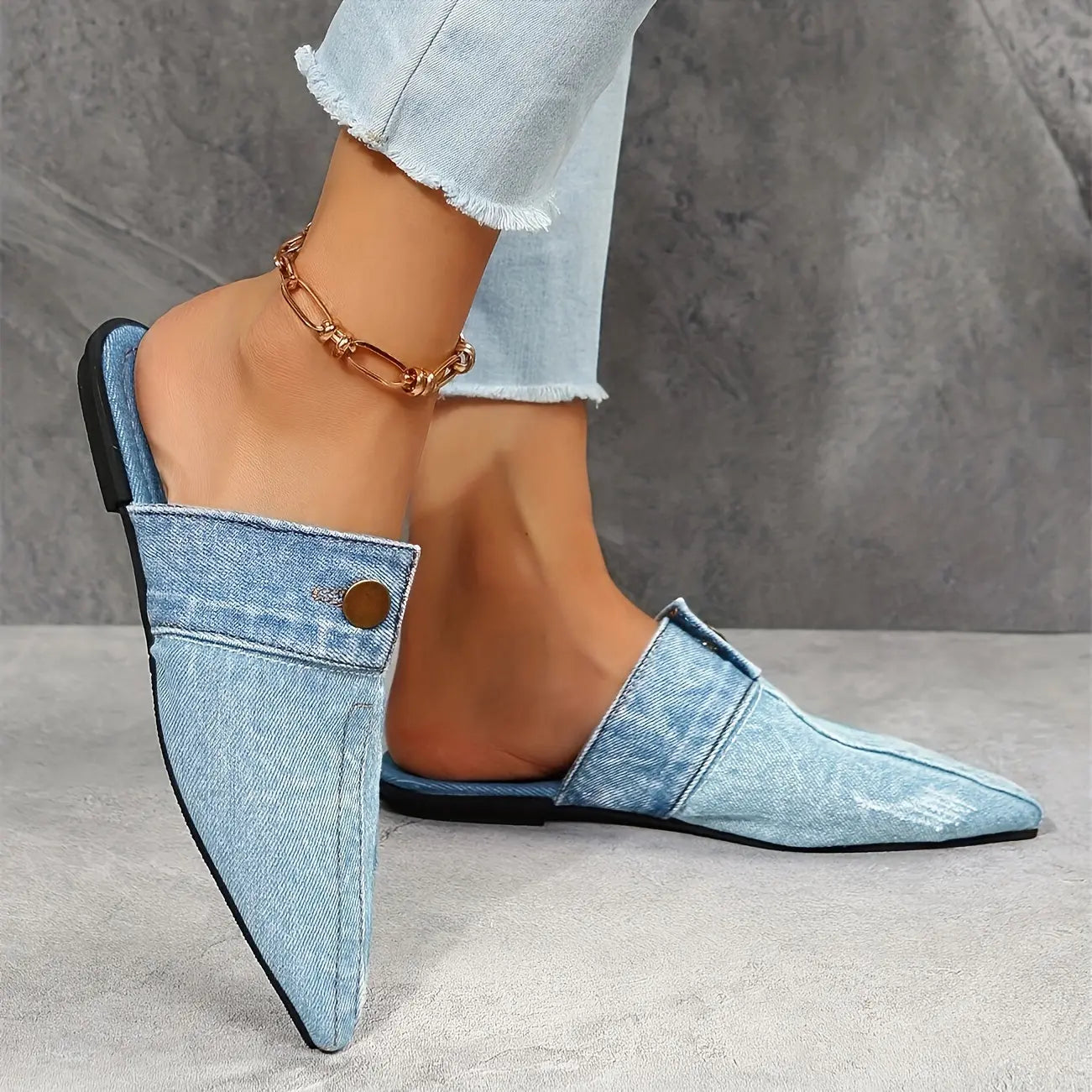 Women's Denim Flat Mules, Fashion Pointed Toe Slip On Non Slip Shoes, Casual Outdoor Slides Lady T Fashions