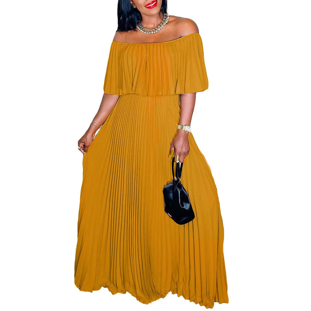 Off Shoulder Wide Waist Pleated Dress Lady T Fashions