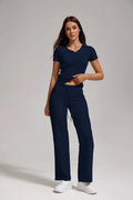 Women's Casual Sports Two-piece Set With V-neck Button, Short Sleeved, Low Waisted Flared Pants, Sportswear Lady T Fashions