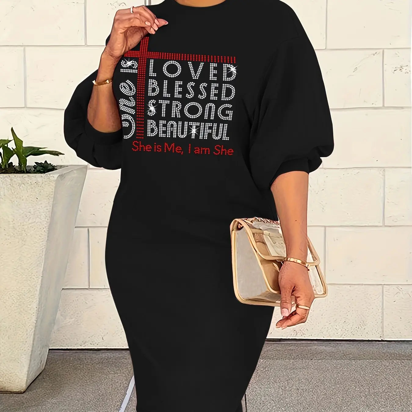 Sparkling Rhinestone Puff Sleeve Midi Dress for Plus Size Women - Casual Spring Summer Outfit Lady T Fashions
