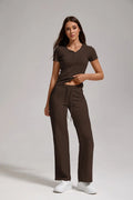 Women's Casual Sports Two-piece Set With V-neck Button, Short Sleeved, Low Waisted Flared Pants, Sportswear Lady T Fashions