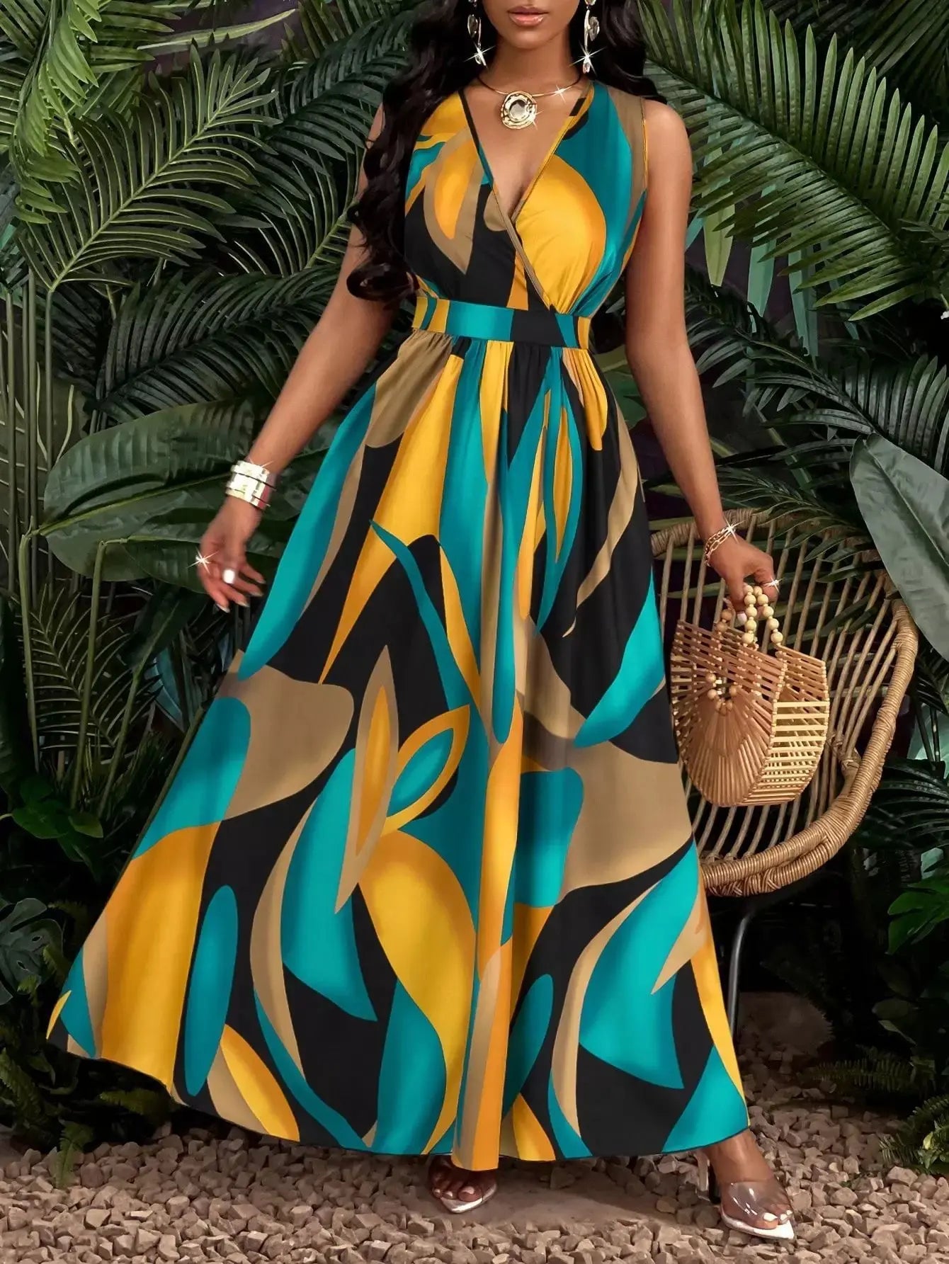 Tropical Printing V-neck Waist Twist Knitted Slim Fit Flare Skirt Lady T Fashions