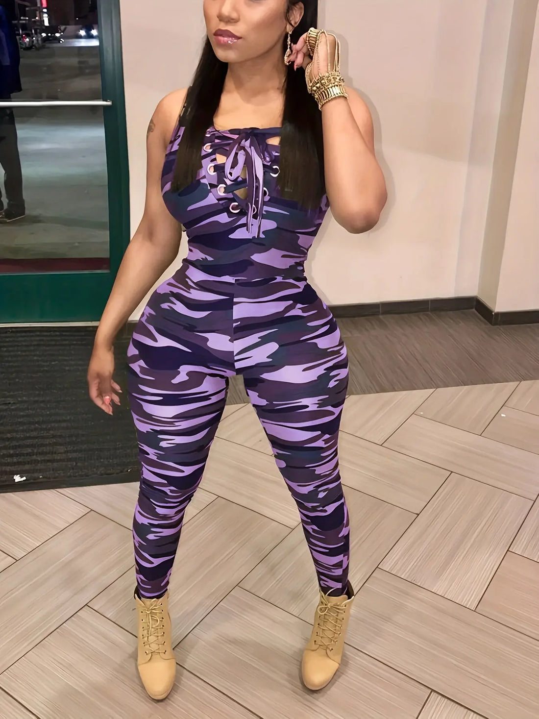 Sleeveless Leopard Print Sexy Jumpsuit, Skinny Camouflage Knitted Jumpsuit, Women's Clothing Lady T Fashions
