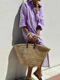 Striped Shirt Dress With Belt Fashion Half-sleeved Lapel Button Cardigan Dresses Women's Clothing Lady T Fashions