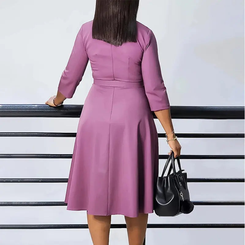 Women's Elegant V-Neck Cross-Wrap A-Line Dress With Belt & Ruffled Hem - Office & Casual Solid Dress For Spring&Summer Lady T Fashions