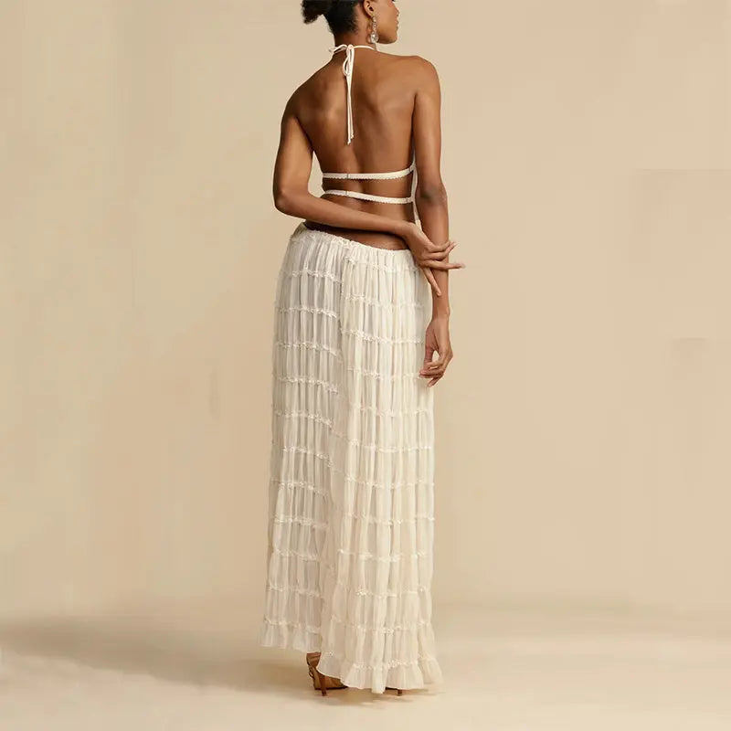 2pcs Women's Dress Suit Sexy Sleeveless Backless Cropped Halter Top And Pleated Long Skirt Beach Clothing Lady T Fashions