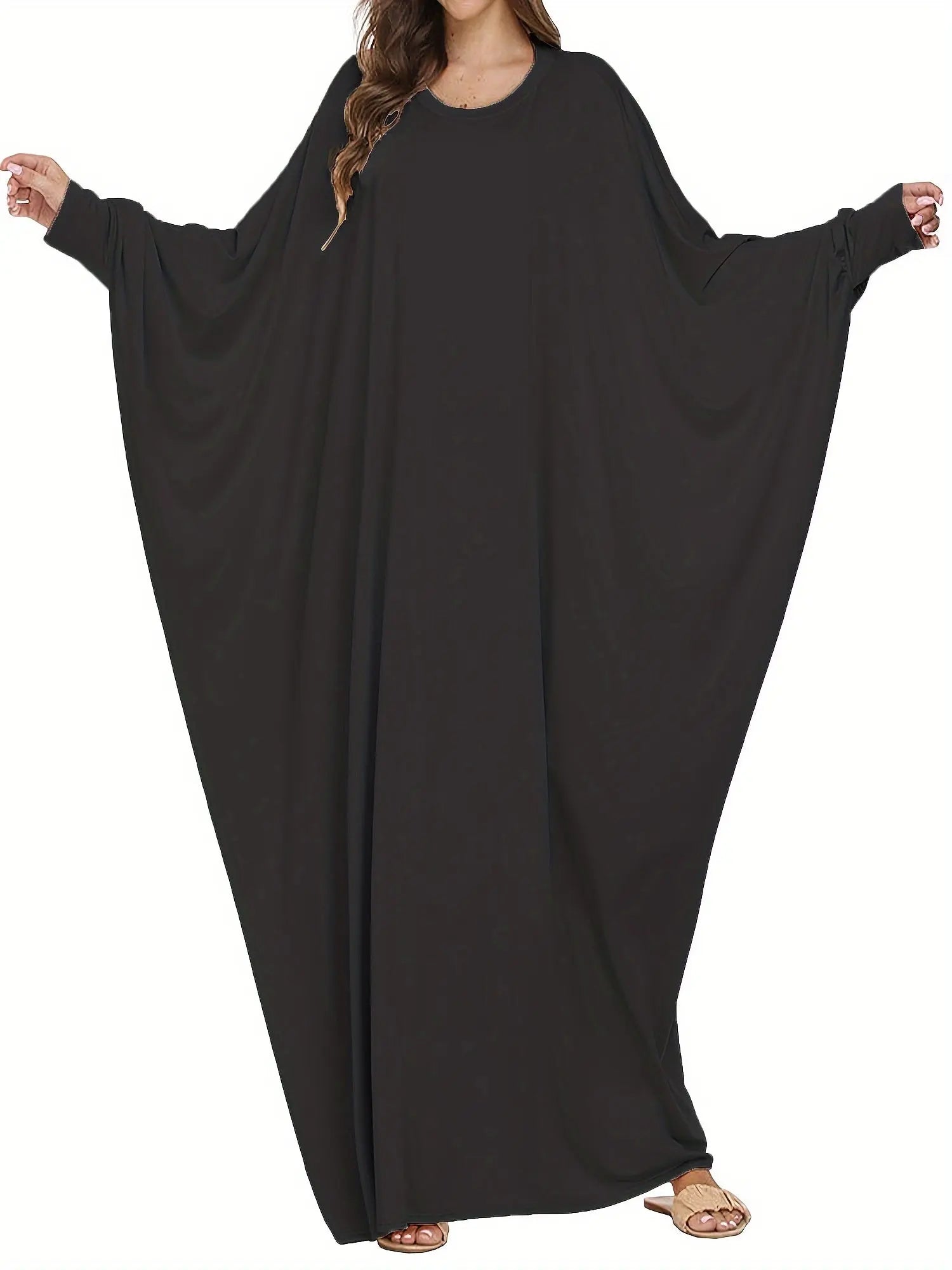 Elegant Long-Sleeve Batwing Tunic Dress for Plus Size Women - Loose Fit, Polyester, Solid Brown, All-Season Wear, Pullover Style, Comfortable Sandals, Plus Size Clothing | Elegant Tunic Dress | Polyester Fabric Lady T Fashions