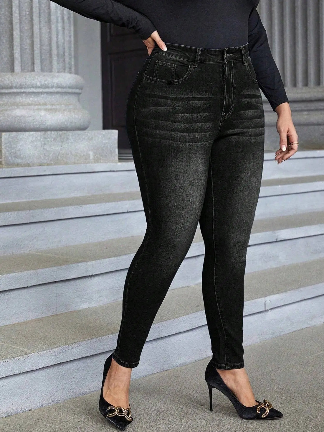 Plus Size Women's High-Waisted Stretch Skinny Jeans - 250-300 lbs Weight Capacity, Deep Black Heavy-Duty Stretch Fabric (Elastic) Pencil Pants, Beltless All-Season Slim Fit Jeans with Button Closure, Machine Washable Elegant Lady T Fashions