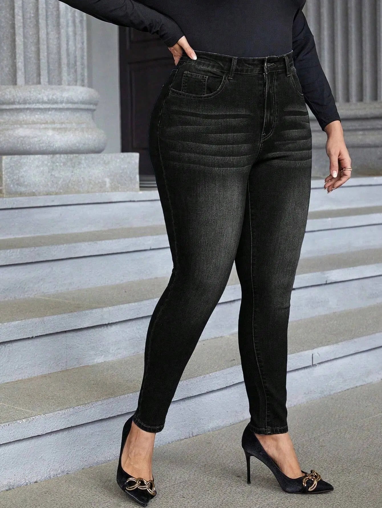 Plus Size Women's High-Waisted Stretch Skinny Jeans - 250-300 lbs Weight Capacity, Deep Black Heavy-Duty Stretch Fabric (Elastic) Pencil Pants, Beltless All-Season Slim Fit Jeans with Button Closure, Machine Washable Elegant Lady T Fashions