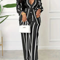 [Two-piece Set Long Sleeve Shirt] Striped Print Two-piece Set, Button Front Collar Long Sleeve Shirt & High Waist Wide Leg Loose Pants Set, Women's Clothing Lady T Fashions