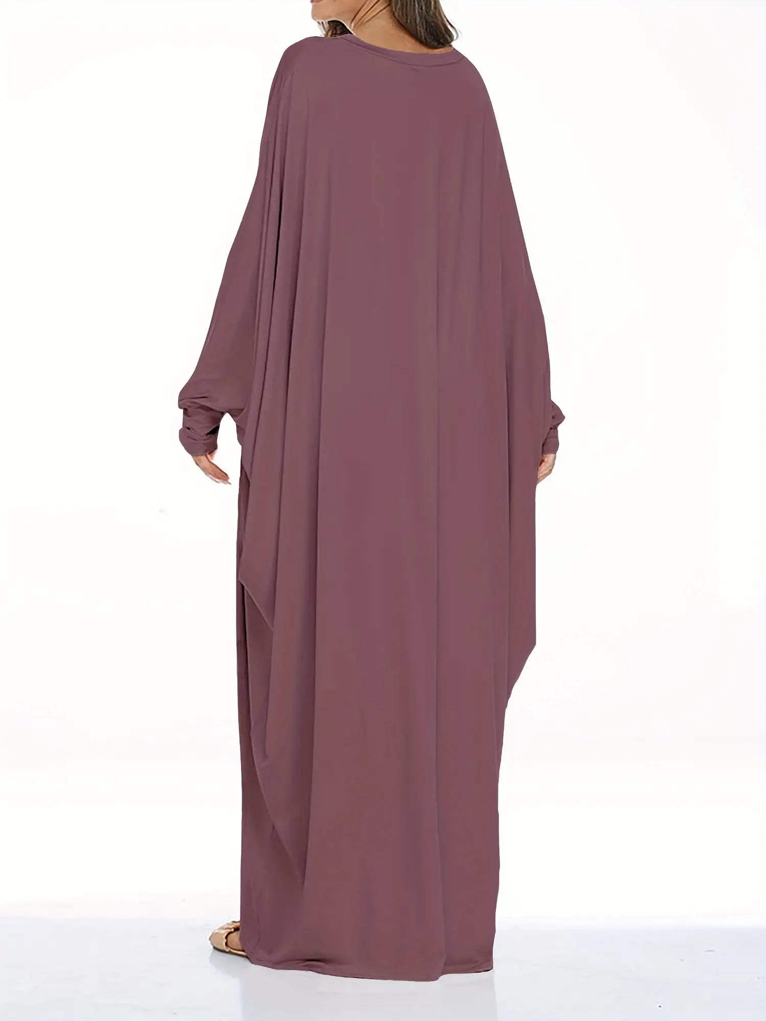 Elegant Long-Sleeve Batwing Tunic Dress for Plus Size Women - Loose Fit, Polyester, Solid Brown, All-Season Wear, Pullover Style, Comfortable Sandals, Plus Size Clothing | Elegant Tunic Dress | Polyester Fabric Lady T Fashions