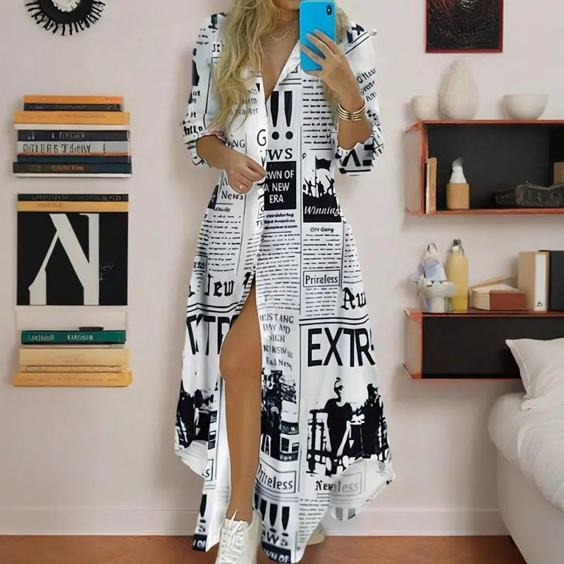 Women's Long Sleeve Newspaper Print Shirt Dress Button Down Casual Long Dress Lady T Fashions