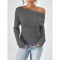 Women's Off The Shoulder Tops Long Sleeve T Shirts Going Out Tops Casual Trendy Ruched Slim Fitted Tees Lady T Fashions
