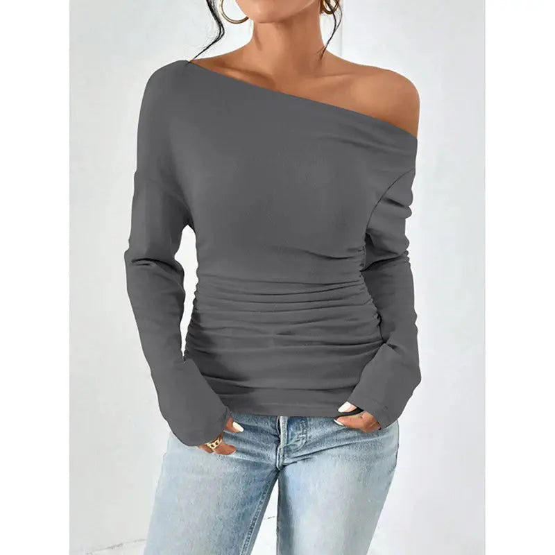 Women's Off The Shoulder Tops Long Sleeve T Shirts Going Out Tops Casual Trendy Ruched Slim Fitted Tees Lady T Fashions