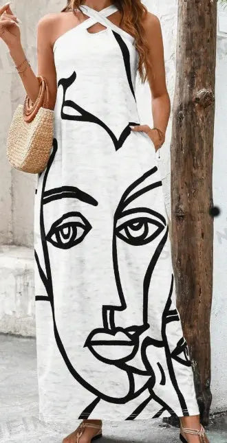 Women Summer Casual Vacation V-Neck Straight Dress, With Side Pockets, Stripes And Face Print Pattern Lady T Fashions