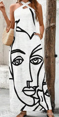 Women Summer Casual Vacation V-Neck Straight Dress, With Side Pockets, Stripes And Face Print Pattern Lady T Fashions
