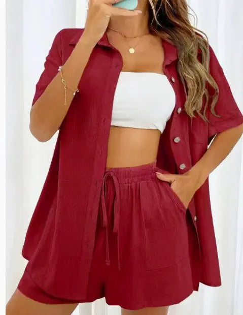 Women's Fashion Shorts Two Pieces Solid Color Shirt Suit Lady T Fashions