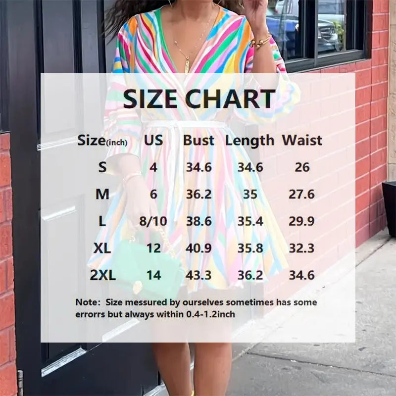 Women's V-Neck Rainbow Stripe Short Dress Three Quarters Sleeve Casual Summer Sundress With Tie Waist Lady T Fashions