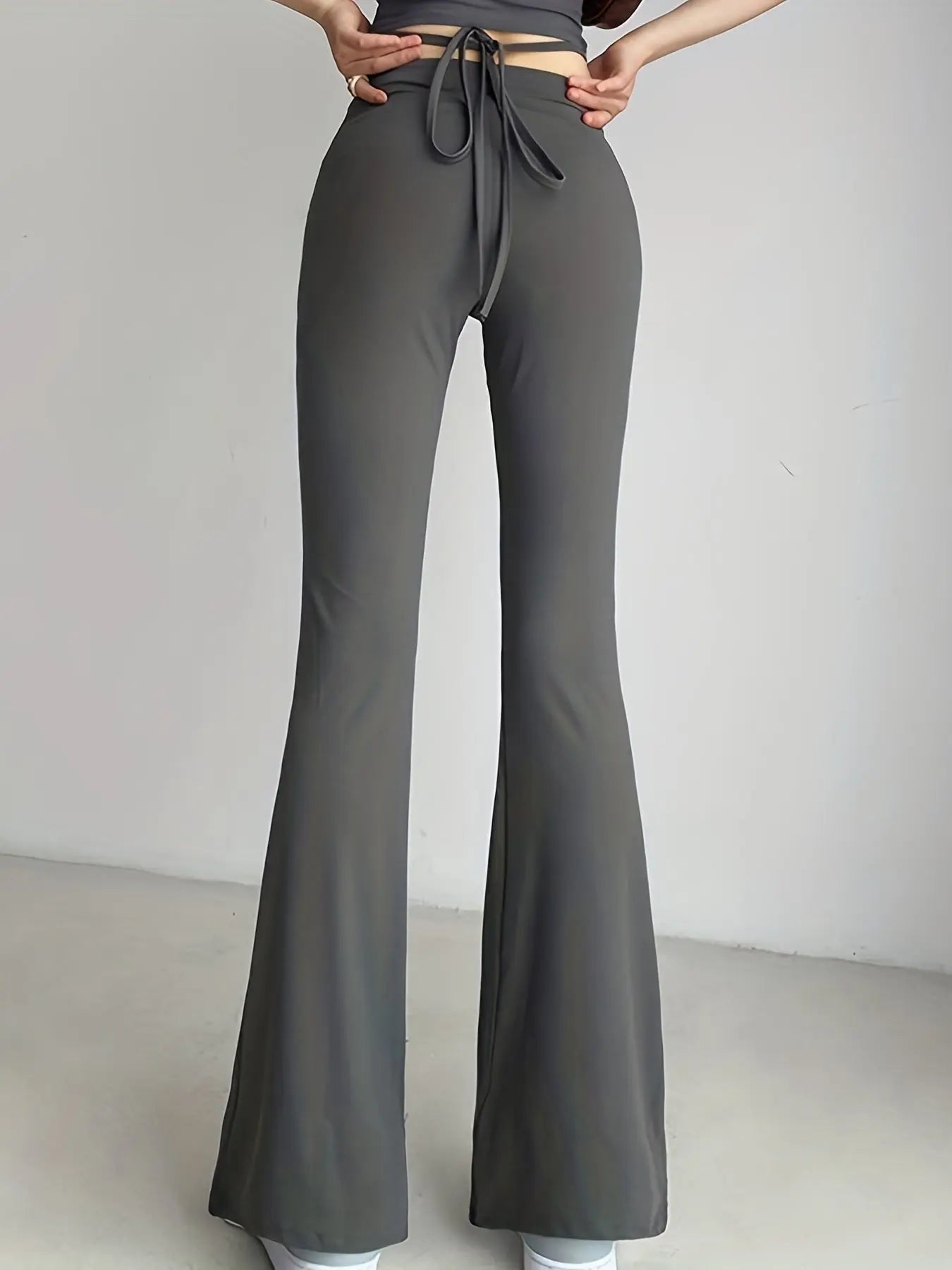 Long Length Solid Criss Cross Flare Leggings - High Waist Fitted, Elastic Waist, Mid Elasticity, Cross Strap, Sheer, Machine Washable - Perfect for Weekend Casual, Fall Season, Young Women Lady T Fashions