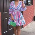 Women's V-Neck Rainbow Stripe Short Dress Three Quarters Sleeve Casual Summer Sundress With Tie Waist Lady T Fashions