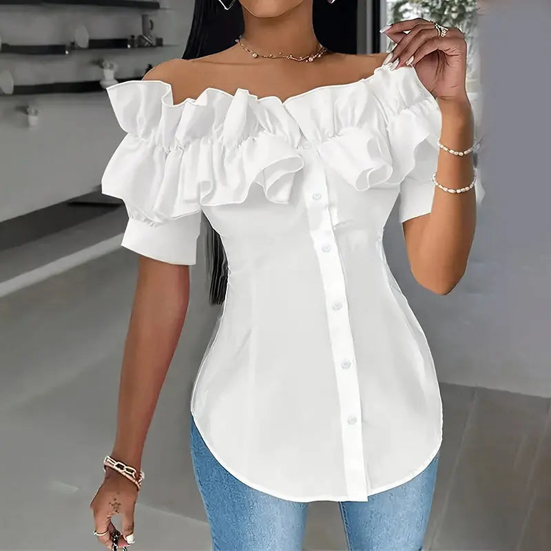 Women's Solid Color Off-Shoulder Ruffled Blouse - Waist Button-Down Shirt For Vacation & Daily Wear Lady T Fashions