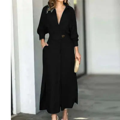 Women's Elegant Tied Solid Color Waisted Long-sleeved Shirt Dress Lady T Fashions