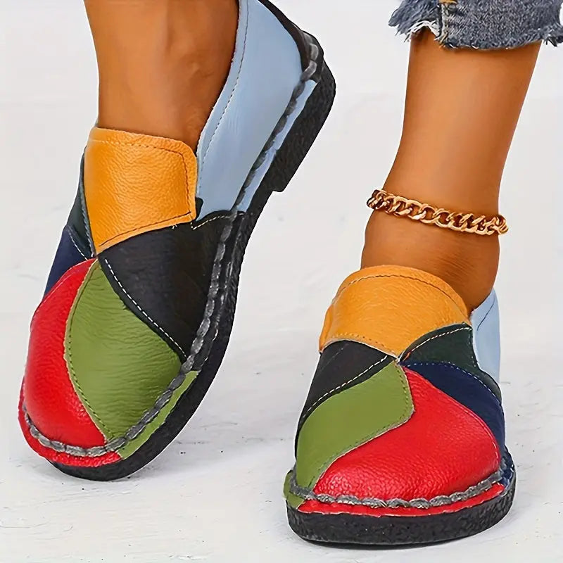 [Fashion Loafers] Soft Colorblock Women's Flat Loafers | Fashion Round Toe Slip On Faux Leather Shoes, Casual Walking Anti-skid Shoes Lady T Fashions