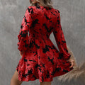Women's Elegant Printed Lantern Sleeve A-Line Dress V-Neck, Ruffled Gathered Waist Detail, Flowy Midi Dress For Casual & Formal Occasions Lady T Fashions