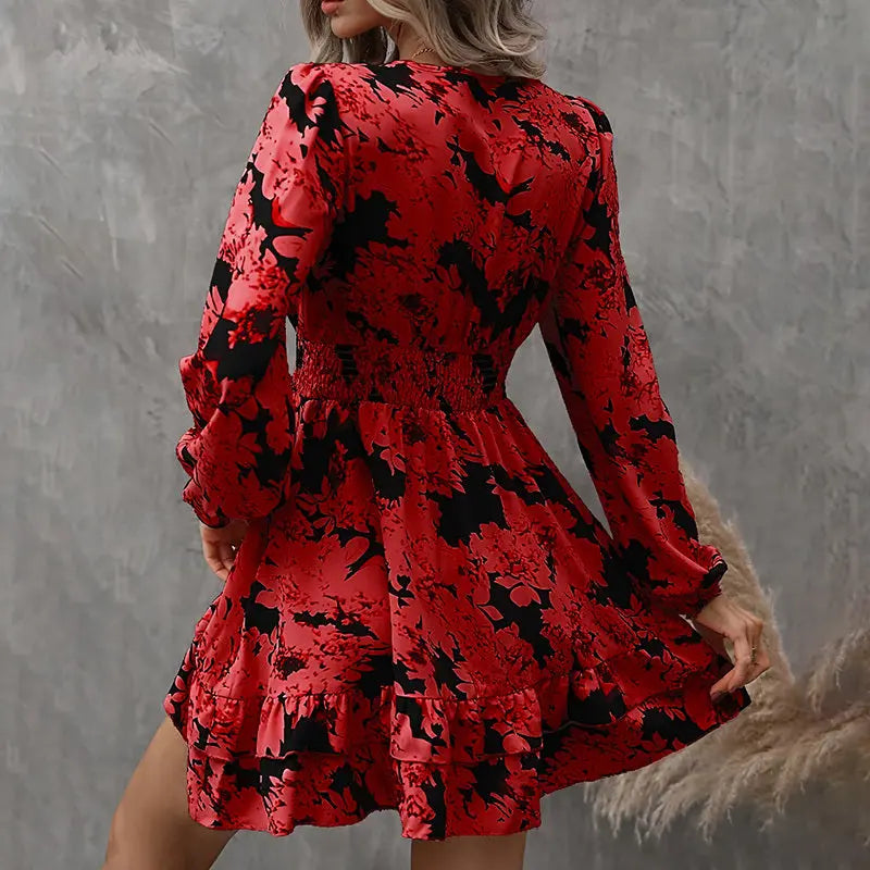 Women's Elegant Printed Lantern Sleeve A-Line Dress V-Neck, Ruffled Gathered Waist Detail, Flowy Midi Dress For Casual & Formal Occasions Lady T Fashions